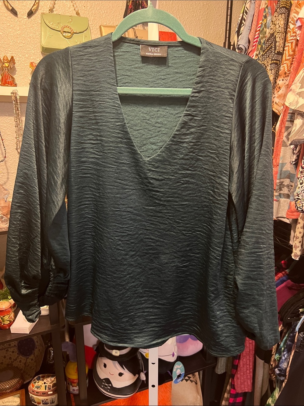 VICI Emerald Green V-Neck Satin-Like Blouse